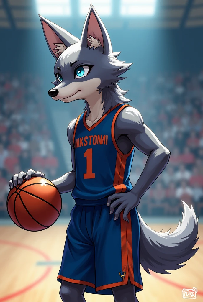 masterpiece, high quality, Absurd answer, number \(artwork\), by Dagasi, Yes,Seizan,(Fluffy fur:1.1),(bright:0.8),Anthropomorphic male wolves. (Blue Eyes,Gray blue fur, Body hair, Cat wolf nose:1.2), bright eyes,panoramic,character focus.Detailed background,(Basketball Jersey, Sweating,Dribbling, play basketball:1.2),(indoor, Basketball Court:1.2)