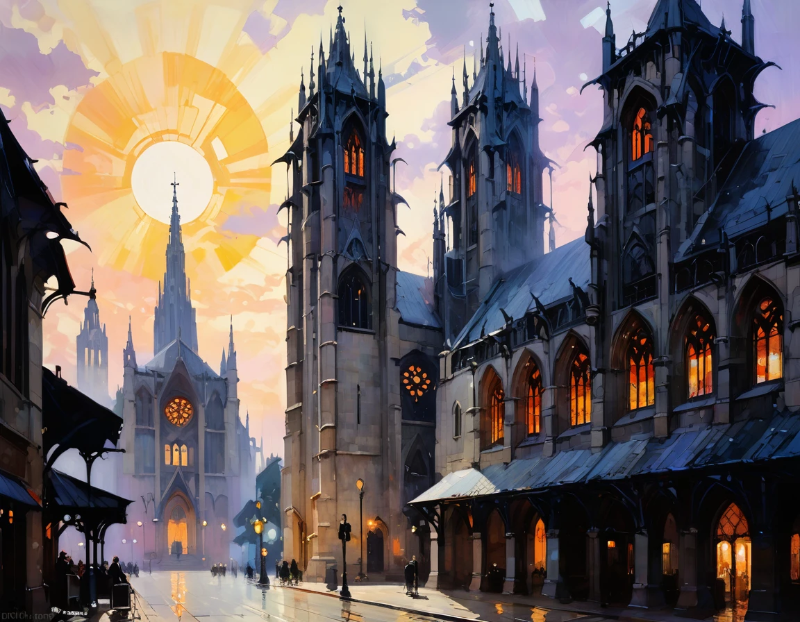 Impressionist painting of a Gothic church in the middle of a Gothic Art Deco city, stone gargoyles. Sunrise.