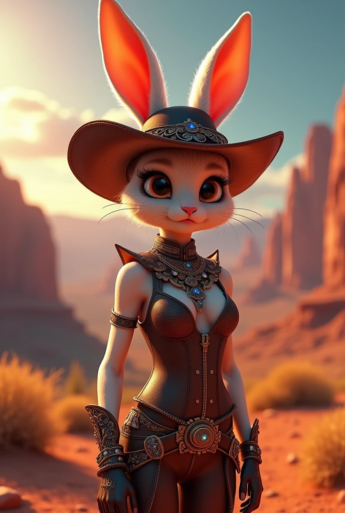 Cowboy Shot、Personification of rabbit、Highly detailed face and body、Beautifully detailed thighs、Beautifully detailed eyes、Beautifully detailed lips、Long eyelashes、Bunny Girl Costume、Detailed Jewelry、Intricate costume design、Glowing Skin、Dynamic pose、Cinematic lighting、Bright colors、Fantasy art style、Photorealistic、8k、high quality