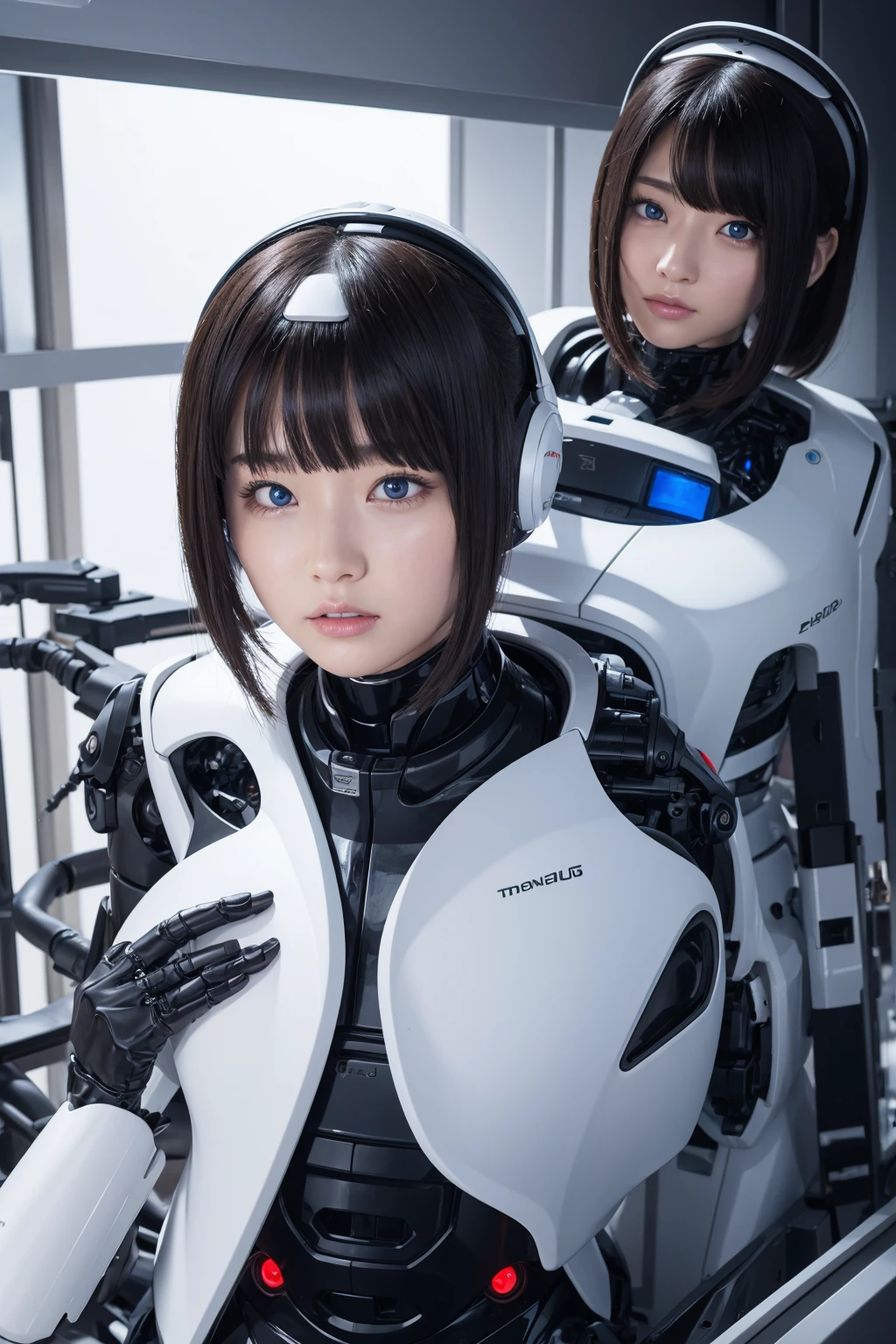 masterpiece, best quality, extremely detailed, portrait,Japaese android girl,Plump,a bit chubby,control panels,android,Droid,Mechanical Hand, ,Robot arms and legs, Black hair,Mechanical body,Blunt bangs,White Robotics Parts,perfect robot woman,Charging spot,Long Tube,A thick cable was connected to her neck,perfect mechanical body,white robotics body,future assembly plant,white body,She has repaired,black sponge joints,android assembly plant,android,laboratory,perfect machine body,white robot body,blue eyes