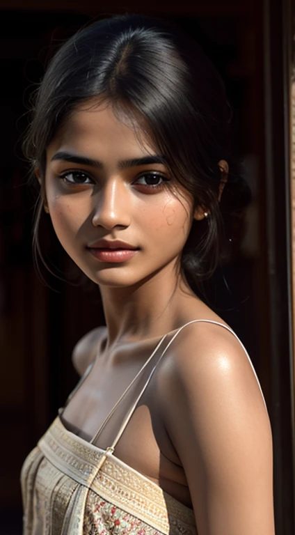 young Indian nude girl, 18-year-old,  gentle sun lighting on face , village mood , old cloths about to get ripped , village girl vibe, intricate facial details, full body picture, cinimatic pose flawless complexion, top-notch 3D rendering, hyper-realistic, shot on Indian road. photorealistic digital art trending on Artstation 8k HD high definition detailed realistic, detailed, skin texture, hyper detailed, realistic skin texture, armature, best quality, ultra high res, (photorealistic:1.4),, high resolution, detailed, raw photo, 400 camera f1.6 lens rich colors hyper realistic lifelike texture dramatic lighting unrealengine trending on artstation cinestill 800