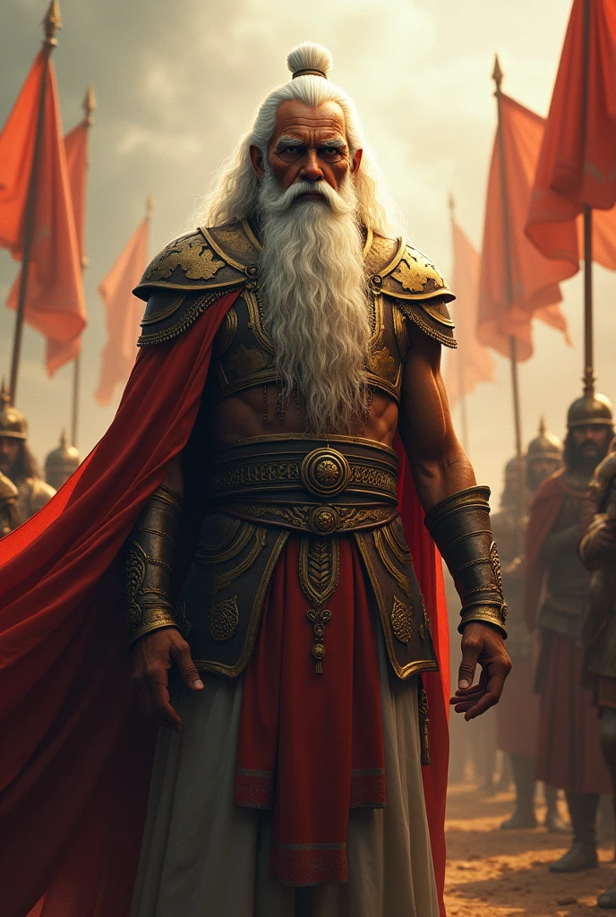 A portrait of Bhishma Pitamah, with a wise and compassionate expression, standing between the Kauravas and Pandavas, symbolizing reconciliation.In dall e-3 style
