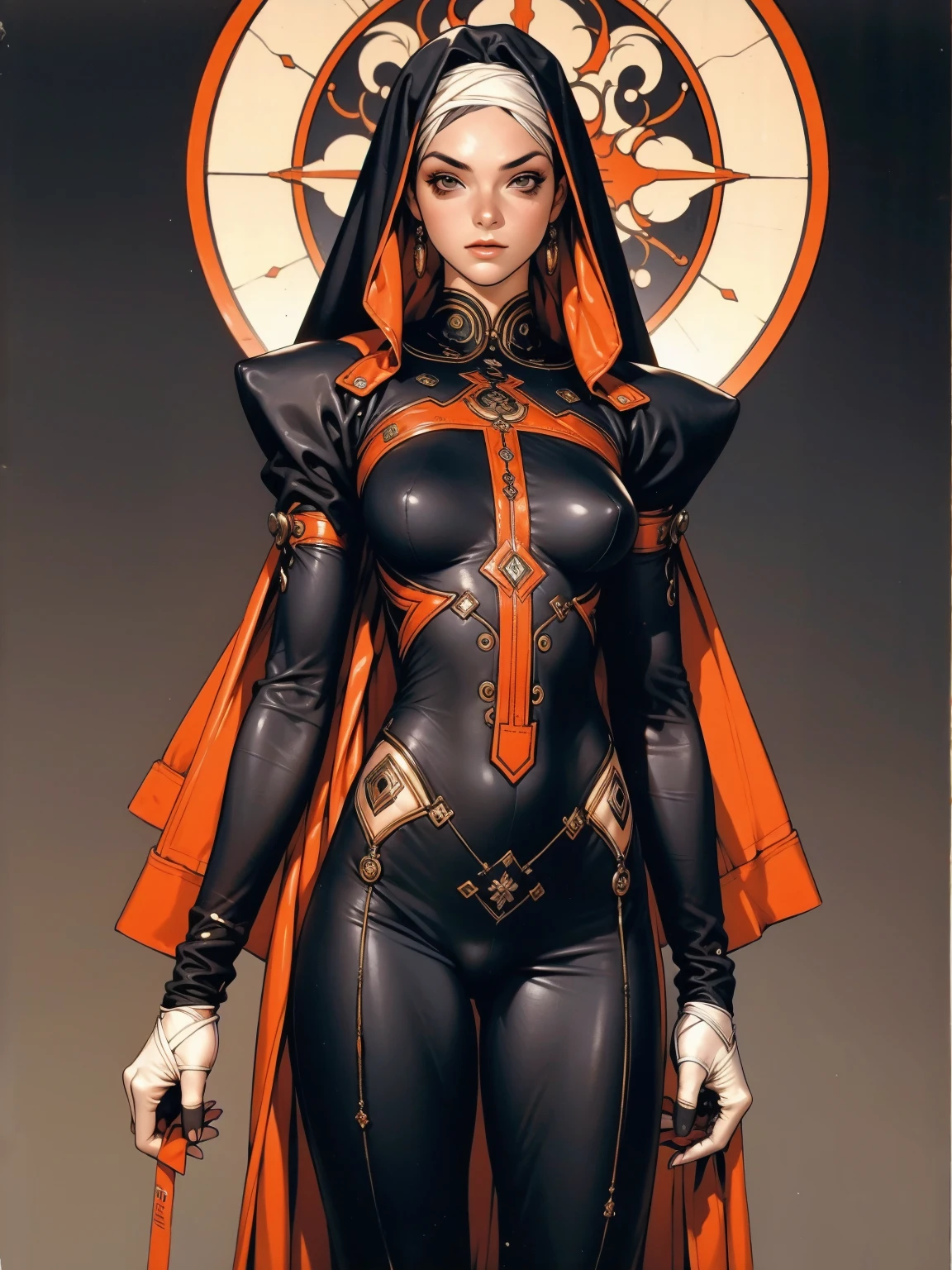 (((Annie Lennox))), ((( nun suit ))), (((Bandaged body))), ((high collar)), (((black with red details))), (((best qualityer: 1.4))), (Unbeatable masterpiece), (hiper HD),(CG 8k hyper-realistic), (((brave face))), (((breasts big))), (((hyper feminine))), sexly girl, Tron,(black bob hair)), ((( sculptural body ))), (((1 Kizi))), Kizi cibernética de 25 anos com perfectbody,,Beautiful and well-groomed face,muscular body:1.2,solid color detailed jacket, (Head to thigh photos), Complex equipment, green dark,Long pants,Tight clothes are dark,With white stars and off-white stripes,,,,,Armor Metal Electronic Parts, Poison tattoos ) INFO, Kizi, (((standing alone))), pirralha violent, ((())), sexly, pose de atitude, work of art, post-apocalypse, (((manga style))), bounty hunter, violent, Manic, the way you want, slenderbody, thin but strong, perfectbody, roupa moderna, advanced technology, neon, sleeves with vertical striped pattern, neutral background, (( cowboy shot )). intricate visual