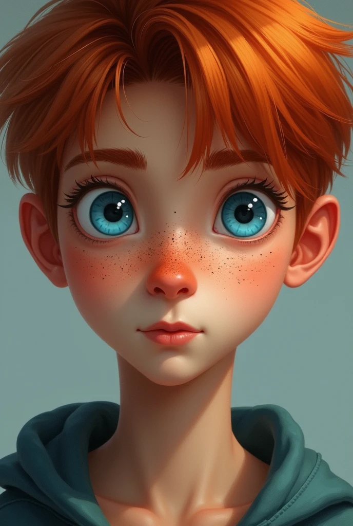 A boy with Tall, blue eyes, red hair, pointy nose, long thin head, freckles with realistic style