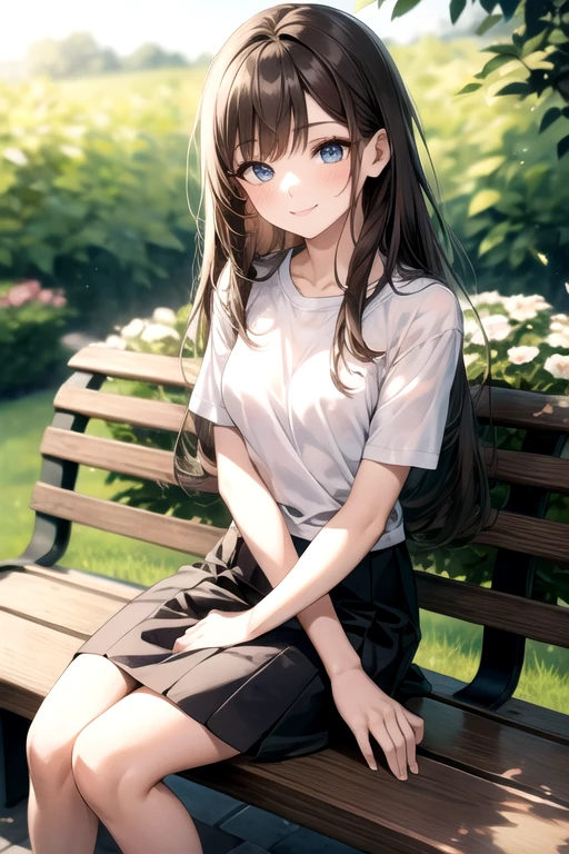 ((Highest quality)), ((masterpiece)), (detailed), ((small breasts)), 1 girl,, Semi-long hair, Brown Hair,(Straight hair:1),Deep blue eyes,(Put your arms behind your back:1), casual, ((Short sleeve knit)), short sleeves, ((Long sheer skirt)), Blurred Background, garden, Sit on a bench, Complex pupil、Sandals, Intricate weaving, front、Complex pupil、Intricate weaving, front、Long skirt, smile、