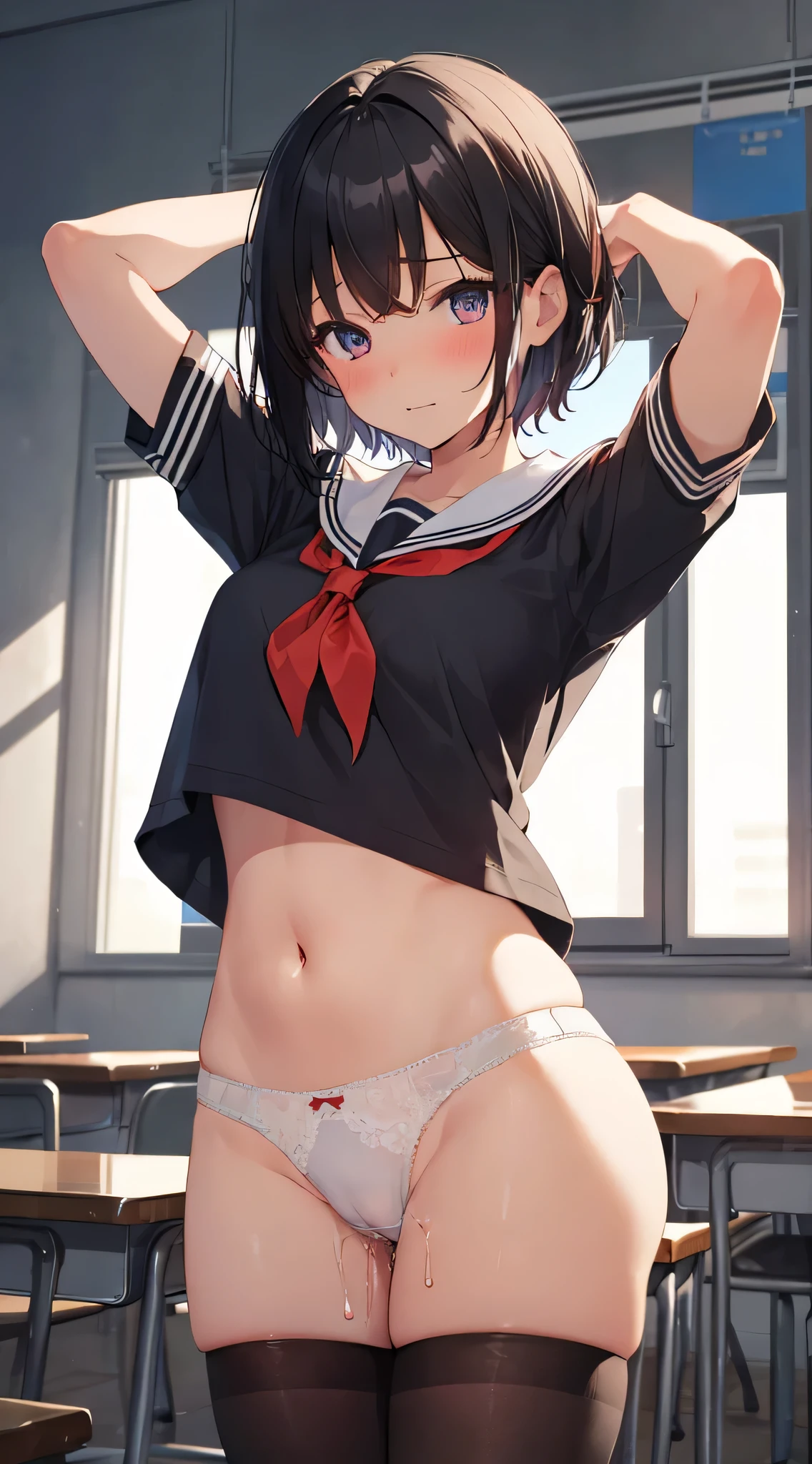 nsfw,alone, (One girl),  high school girl, ((White panties)), (wearing only the top half of sailor school uniform),sexy, (Cowboy Shot),  ((Put your arms behind your head)), classroom, With a girl：hair is black and short, Her face is round and cute, Black Hair, short hair, (Are standing),(Shy, Embarrassing),from below,from the front,(pussy juice),Undressing panties、