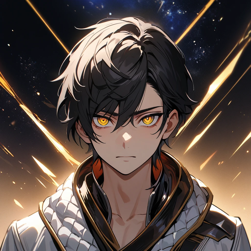 High quality, HD, 4k, no shadows, handsome male, 1male, 17 years old, teenager, short black hair, dark hair, black hair, sharp eyes, deep gold colored eyes, dark golden colored eyes, deep gold eyes, gold eyes, devil may cry, close up, calm expression, stoic expression, black leather clothes, white leather clothing, lean body, well trained body, upper body, looking at viewer, cowboy shot, white solar, space background