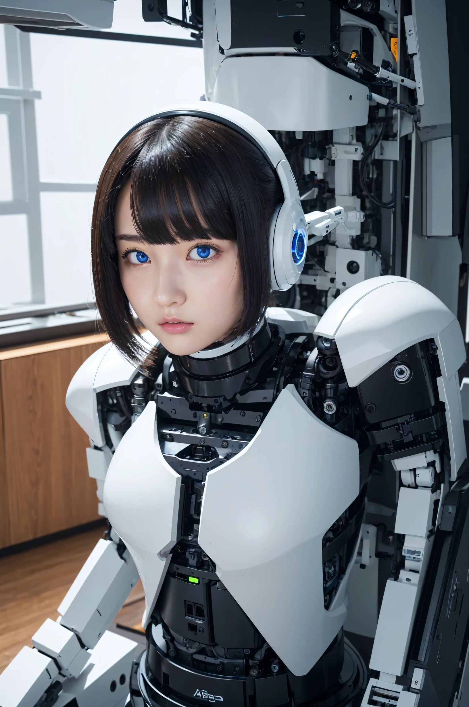 masterpiece, best quality, extremely detailed, portrait,Japaese android girl,Plump,a bit chubby,control panels,android,Droid,Mechanical Hand, ,Robot arms and legs, Black hair,Mechanical body,Blunt bangs,White Robotics Parts,perfect robot woman,Charging spot,Long Tube,A thick cable was connected to her neck,perfect mechanical body,white robotics body,future assembly plant,white body,She has repaired,black sponge joints,android assembly plant,android,laboratory,perfect machine body,white robot body,blue eyes