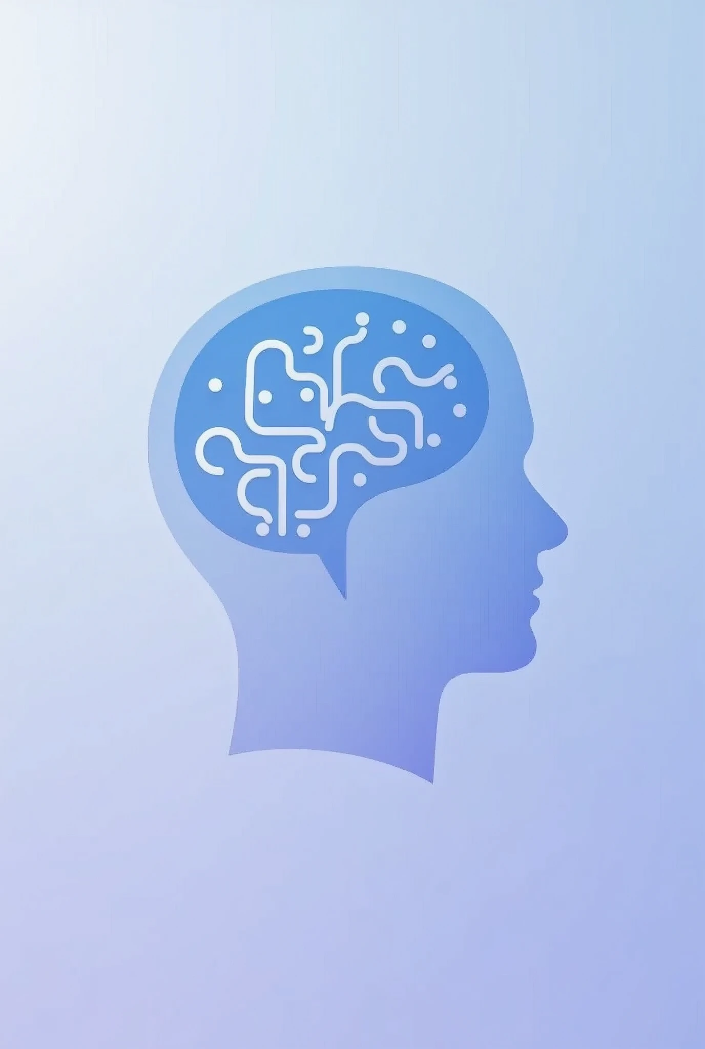 Abstract avatar for a psychology chatbot. Minimalist flat design, soft gradient of light blue to light purple, silhouette of a human head with flowing lines inside resembling neural connections or waves. Calm, safe, trustworthy vibe.