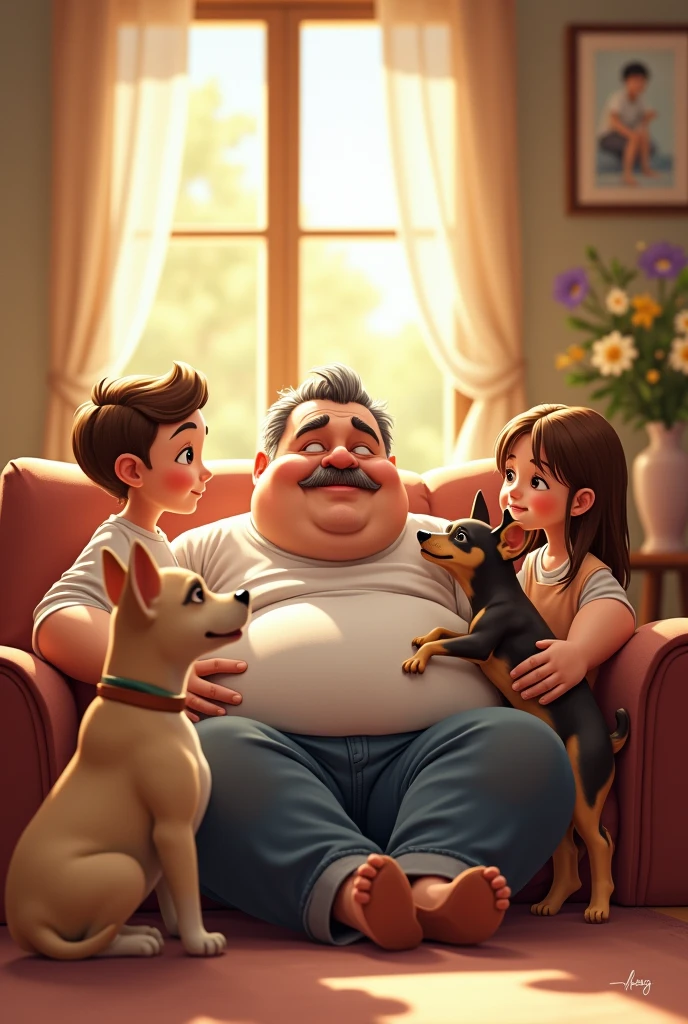 Create a Father's Day image, WITH A WHITE MAN, pot-bellied and with a mustache, a beige-haired French bulldog, a small dark brown Chihuahua and two white girls with brown hair