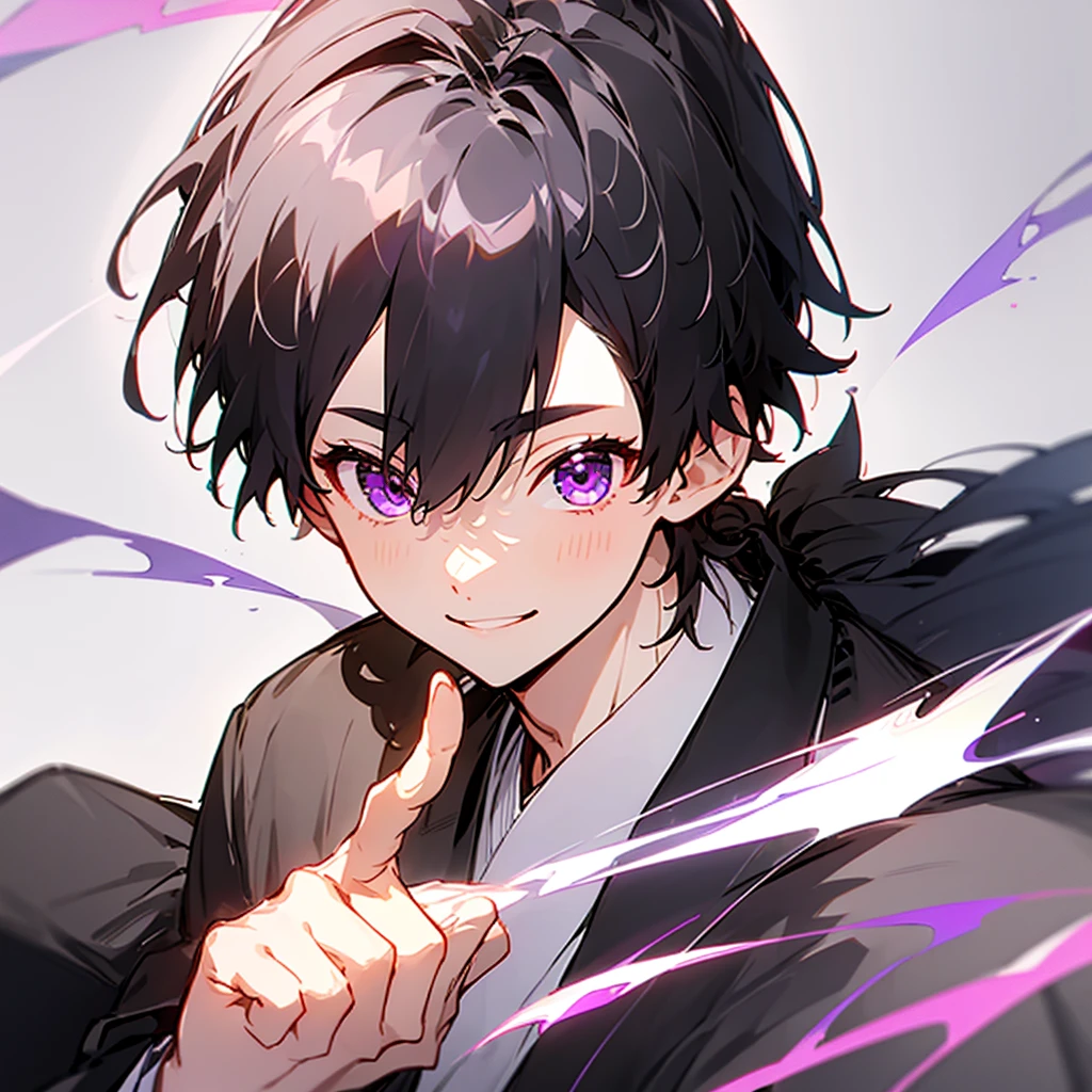 High-resolution model, Highest quality, Black Hair、ponytail, Robe、juvenile、Japanese clothing、Japanese pattern purple eyes, Center Parting、Sparkling eyes, boy、solo, smile, 