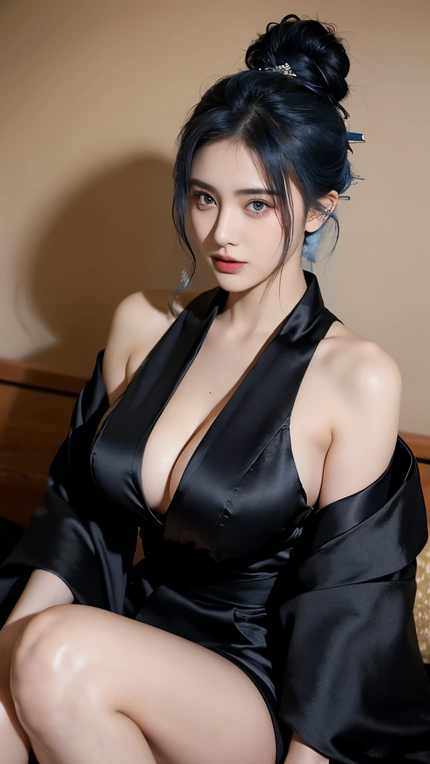 21 yo girl, blue hair, (updo Hair). Wearing black kimono, show shoulders, cleavage, show big thigh, natural big breast, sitting on the bed, good eye.