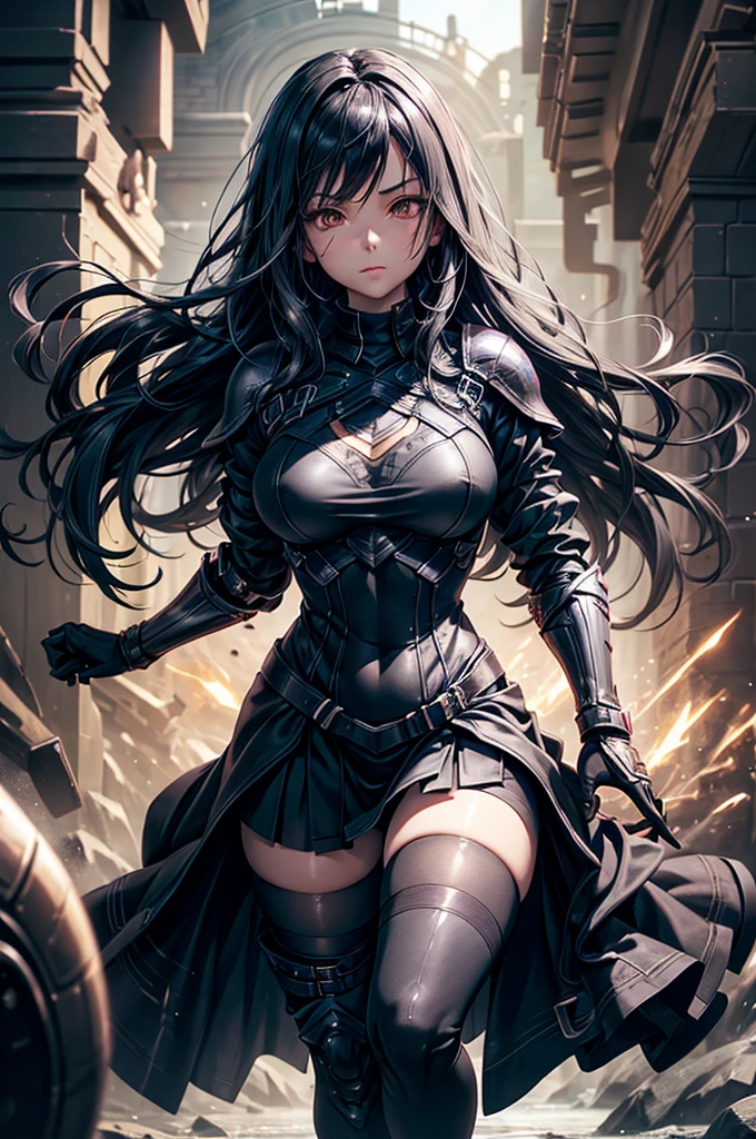 Dark-haired Scandinavian girl wearing half-plate armor and a frilly skirt over a skin-tight black bodysuit, (Long black hair:1.4), Red eyes,Attractive breasts、High resolution (High Dynamic Range), Ray Tracing, NVIDIA, Super Resolution, Scattered under the surface, Anisotropic Filtering, Written boundary depth ,Maximum clarity and sharpness, Surface Shading, Two-tone lighting