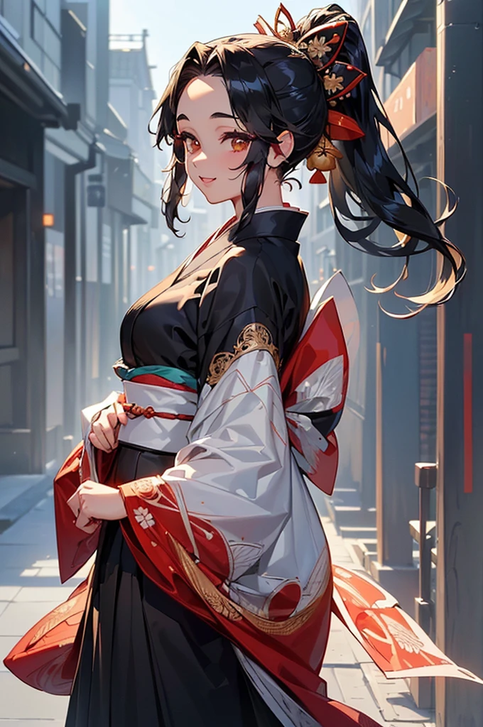 (((beautiful))), (((kimono, One Woman))), ((Black Hair, parted bangs, forehead, Long Hair, ponytail, hair ornaments, slim)), Glowing Skin, (((Intricate details))), High resolution, ((Intricate details, Ultra-detailed)), from front, cowboy shot, (looking at viewer, look at viewer), Red cheeks, smile, Walking down the street