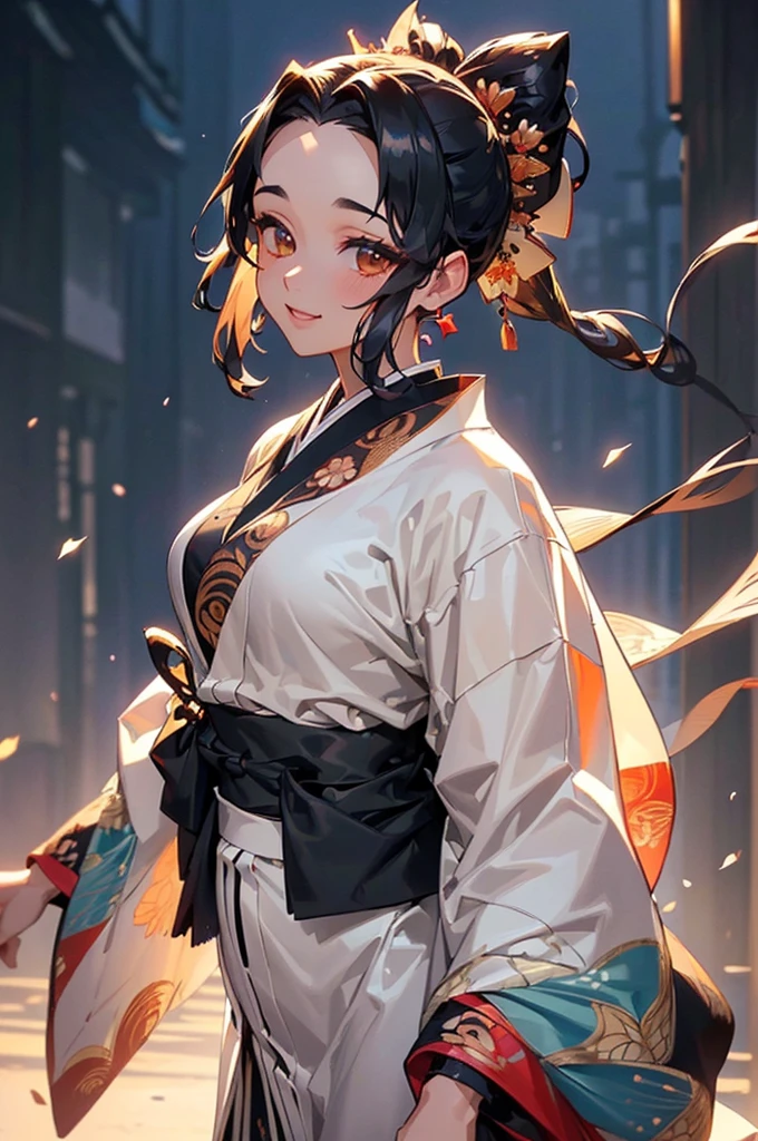 (((beautiful))), (((kimono, One Woman))), ((Black Hair, parted bangs, forehead, Long Hair, ponytail, hair ornaments, slim)), Glowing Skin, (((Intricate details))), High resolution, ((Intricate details, Ultra-detailed)), from front, cowboy shot, (looking at viewer, look at viewer), Red cheeks, smile, Walking down the street