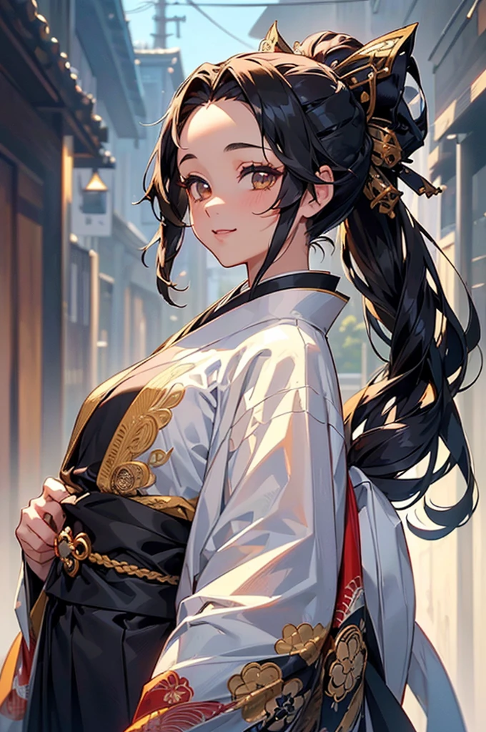 (((beautiful))), (((kimono, One Woman))), ((Black Hair, parted bangs, forehead, Long Hair, ponytail, hair ornaments, slim)), Glowing Skin, (((Intricate details))), High resolution, ((Intricate details, Ultra-detailed)), from front, cowboy shot, (looking at viewer, look at viewer), Red cheeks, smile, Walking down the street
