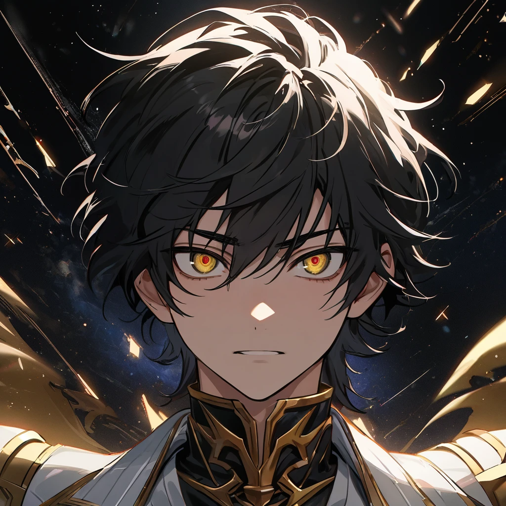 High quality, HD, 4k, no shadows, handsome male, 1male, 17 years old, teenager, jet black hair, short black hair, dark hair, black hair, sharp eyes, deep gold colored eyes, dark golden colored eyes, deep gold eyes, gold eyes, devil may cry, close up, calm expression, stoic expression, black leather clothes, white leather clothing, lean body, well trained body, upper body, looking at viewer, cowboy shot, white solar, space background