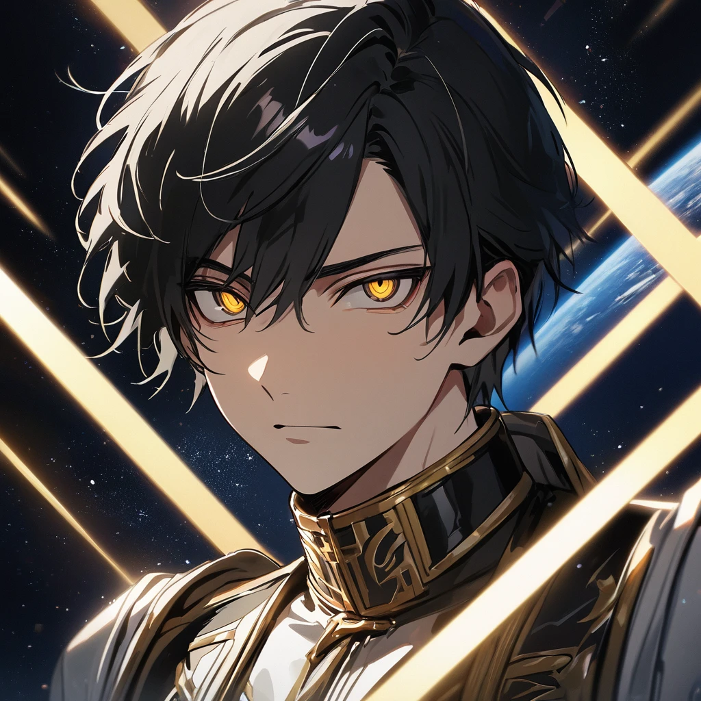 High quality, HD, 4k, no shadows, handsome male, 1male, 17 years old, teenager, jet black hair, short black hair, dark hair, black hair, sharp eyes, deep gold colored eyes, dark golden colored eyes, deep gold eyes, gold eyes, devil may cry, close up, calm expression, stoic expression, black leather clothes, white leather clothing, lean body, well trained body, upper body, looking at viewer, cowboy shot, white solar, space background