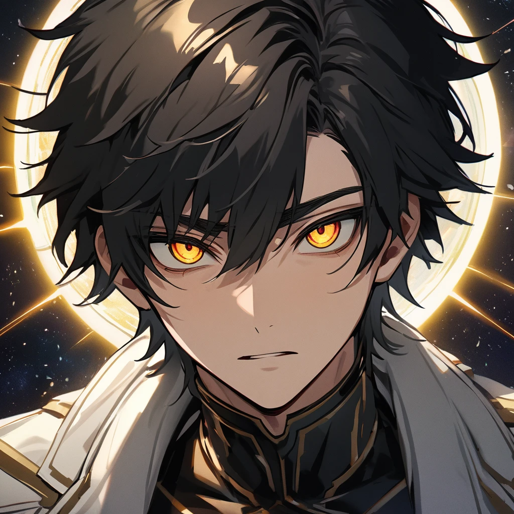 High quality, HD, 4k, no shadows, handsome male, 1male, s old, teenager, jet black hair, short black hair, dark hair, black hair, sharp eyes, deep gold colored eyes, dark golden colored eyes, deep gold eyes, gold eyes, devil may cry, close up, calm expression, stoic expression, black leather clothes, white leather clothing, lean body, well trained body, upper body, looking at viewer, cowboy shot, white solar, space background