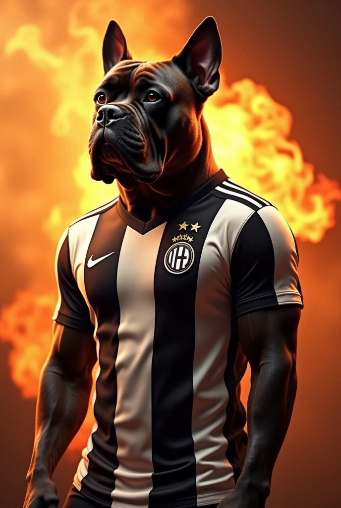 Here is a script you can use to create your image with AI:
---
**Image Description:**
"A large dog of the cane corso breed, wearing a black and white vertically striped football shirt. The dog must be standing, with a closed expression. Ao fundo, a scenario reminiscent of flames.
**Text on Image:**
"happy fathers day!" in large, festive letters, positioned at the top of the image.
