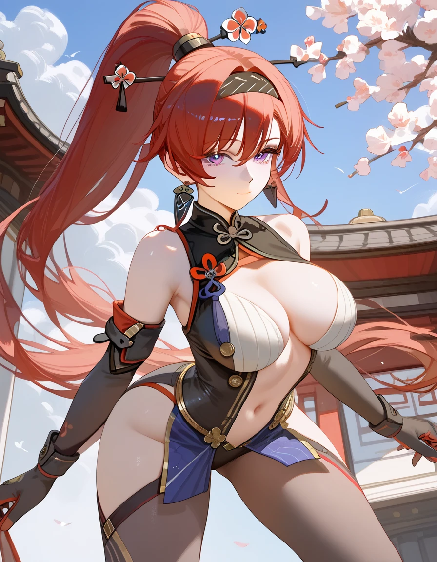 (score_9, score_8_up, score_7_up, score_6_up, score_5_up, score_4_up), masterpiece, best quality, high_resolution, 8k, UHD, 1girl, detailed, extremely detailed, best anatomy, (large breasts), mole under eye, long hair, high ponytail, hairband, purple eyes, red hair, Yinlin , perspective, full body