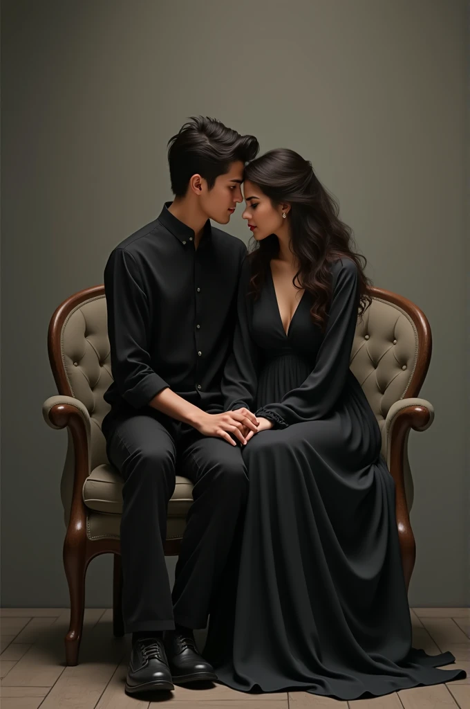 A boy a girl wearing maxi sitting on a chair black genji black max name"". Hasan + Nadia " age 20
