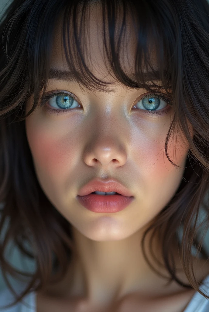 masterpiece, best quality, beautiful young woman, shiny blue eyes, (detailed pupils:1.2), eyelash, beautiful light black hair, streaked hair, multi color, medium hair, perfect face, detailed,