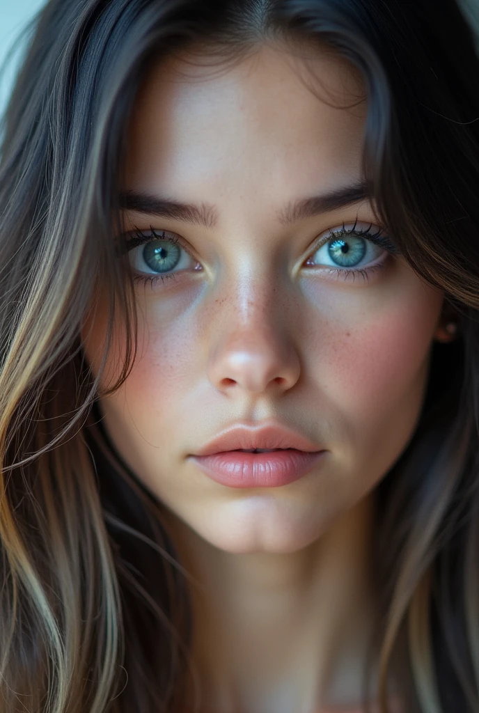masterpiece, best quality, beautiful young woman, shiny blue eyes, (detailed pupils:1.2), eyelash, beautiful light black hair, streaked hair, multi color, medium hair, perfect face, detailed,