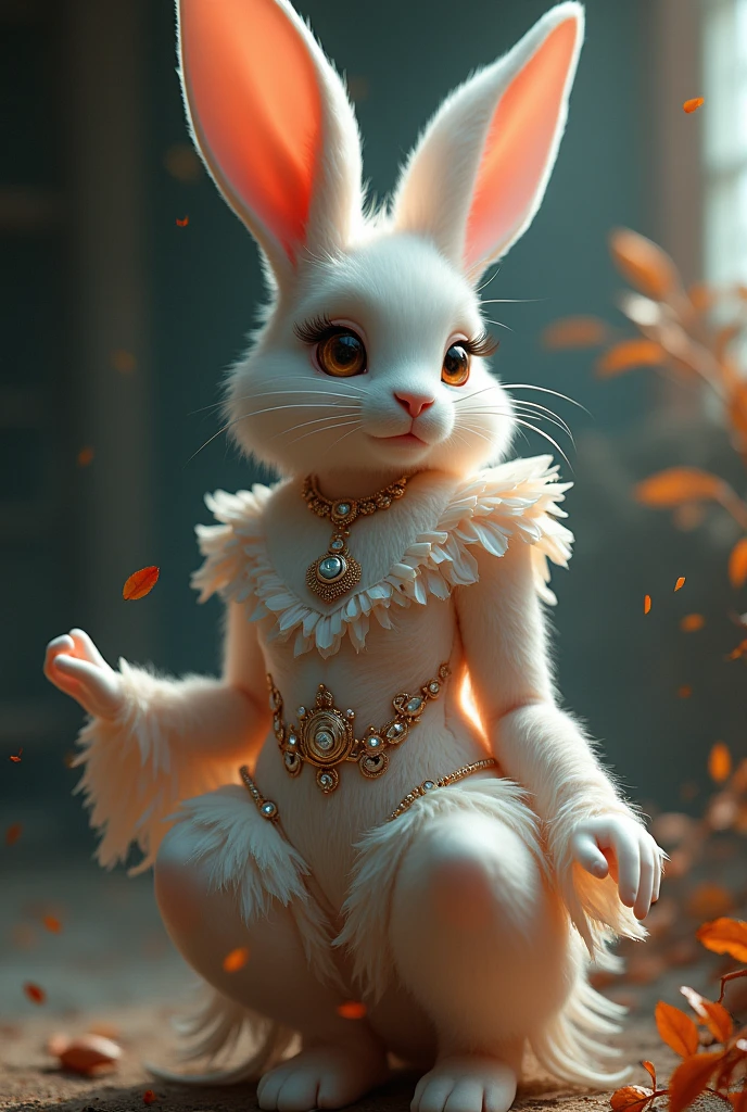 Personification of rabbit、Highly detailed face and body、Beautifully detailed thighs、Beautifully detailed eyes、Beautifully detailed whisker pad、Long eyelashes、Bunny Girl Costume、Detailed Jewelry、Intricate costume design、Glowing Skin、Dynamic pose、Cinematic lighting、Bright colors、Fantasy art style、Photorealistic、8k、high quality