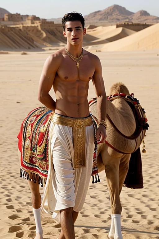 Young handsome cute white skin smooth skinny beautiful face shirtless In the Arena decert dressed in golden Arab clothing with a camel