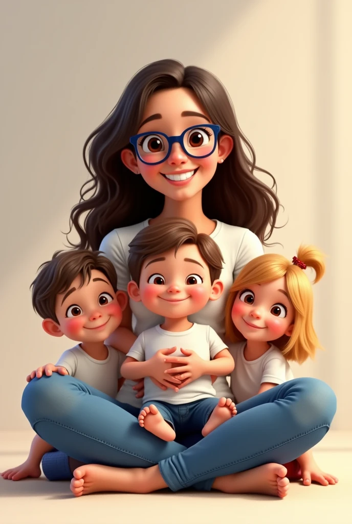 Create a Pixar animation style family portrait.
A mother with three children. A one year old baby boy. An 8 year old boy with glasses and a 6 year old girl.
The mother is sitting on the floor with her legs crossed and holding the baby in her arms..
On the left is the boy. On the right is the girl. Everyone is wearing a white t-shirt and jeans. Everyone is smiling warmly and has a cheerful expression.
The mother has long, dark wavy hair and wears blue-framed glasses; the boy also wears black-framed glasses..
The children have light brown, almost blonde hair..
The boy has light brown, almost blond hair..
The girl has shoulder length hair with a bow on her head.
The background is neutral and soft in tone.. 
The entire scene must have vibrant colors., expressive expressions and warm lighting typical of Pixar animations.
Everyone looking at the camera.
The baby in the center is a boy.
The one on the right is a little smaller than the boy on the left The baby The boy on the left wears black-framed glasses.
Acrescentar uma cadela biewer terrier, hairy with bow holding the fringe, black and white  sitting on the right side the children have straight, dark blond hair
