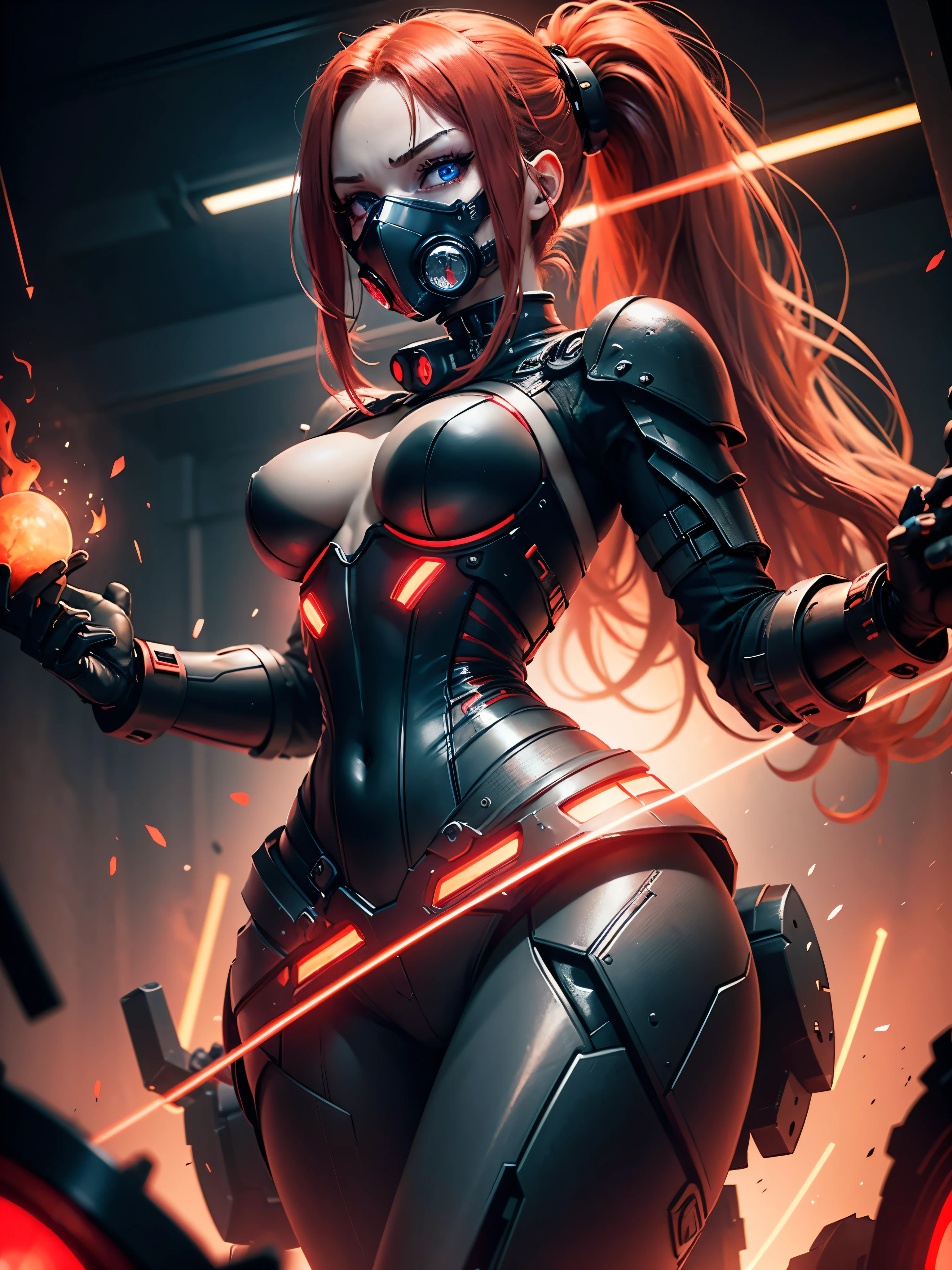 cyborg warrior girl in an attacking pose View from below, angle from below, flat horizon photo, Girl android , she has long red hair, hair tied up in a ponytail, she has a mask on her face, a respirator, a woman with sexy hips, incredibly beautiful blue eyes and a gas mask on her face, half cyborg, technological modifications. Beautiful face, black metal cybernetic android robot body in black color, Large, wide hips, suit with red indicator lines with many red details, red corset, red bra, cybernetic armor with a red glow from under the joints and joints, she has blue eyes , frame with a flat horizon, Anime Style Photography , Red Lasers, black background Cyberpunk style, the camera films Her from below, lower angle of photography, black background image of a night black city and red neon lights, red lamps, red lighting, red flashes in the background