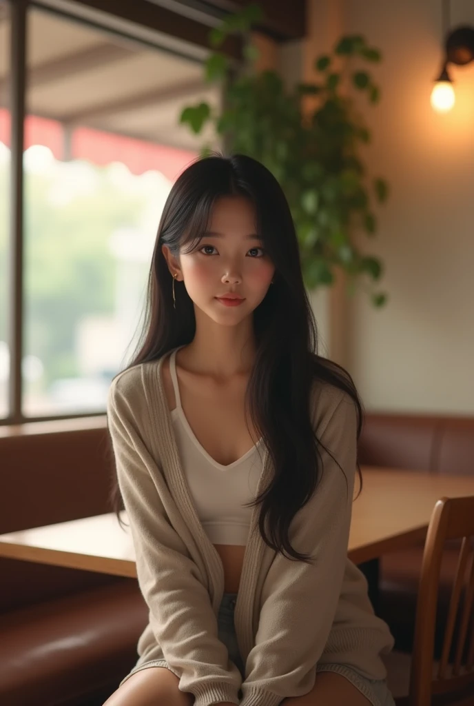 A beautiful Japanese woman in her early 20s with long straight hair、The cardigan is a little open、I'm meeting you at the cafe.、Pulling out a chair to sit down、live-action、