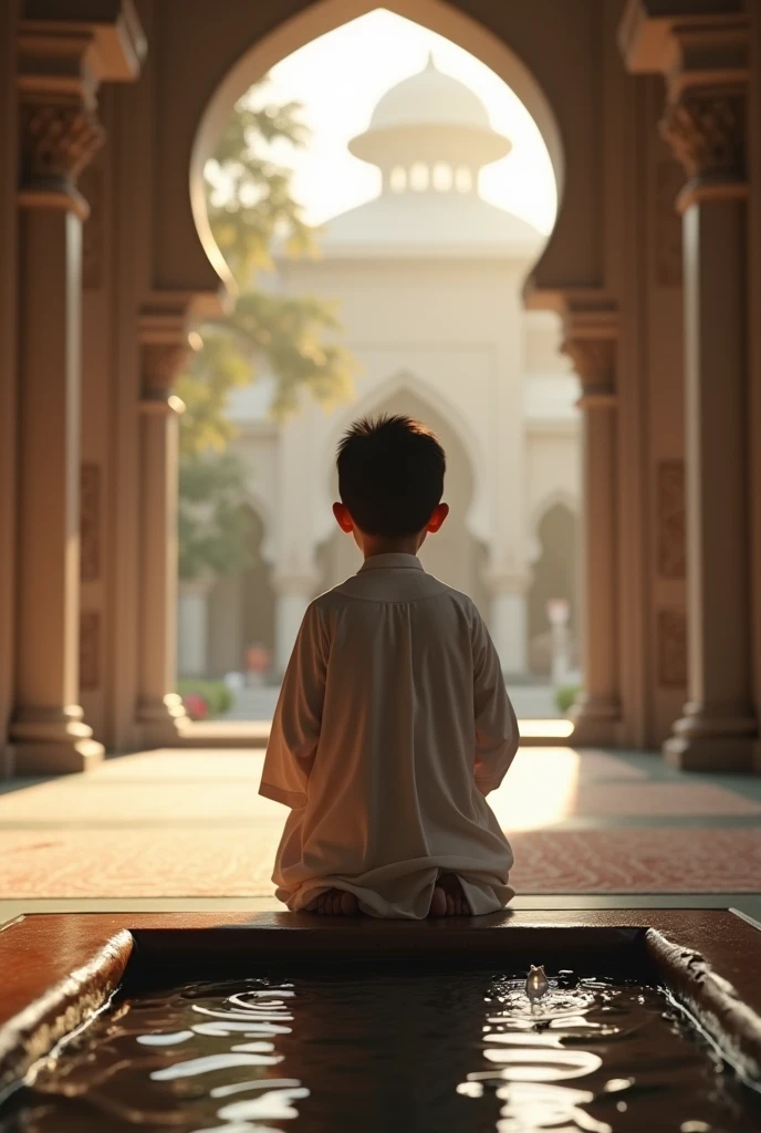 A kid doing wudu with water in masjid. wearing islamic outfit. Picture should be full backside of the ??? so that his or her face doesn’t appear