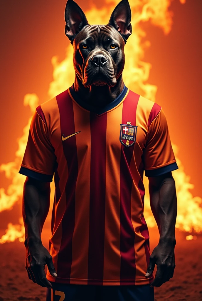 Here is a script you can use to create your image with AI:
---
**Image Description:**
"A large dog of the cane corso breed, wearing a black and white vertically striped football shirt. The dog must be standing, with a closed expression. Ao fundo, a scenario reminiscent of flames.
**Text on Image:**
"happy fathers day!" in large, festive letters, positioned at the top of the image.