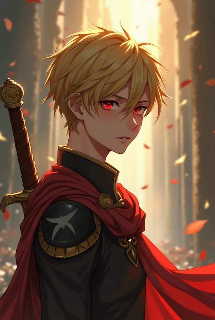 a 18years boy , golden hair , coming towards us , red eyes and a arc symbol in his right eye , a sword in his hand