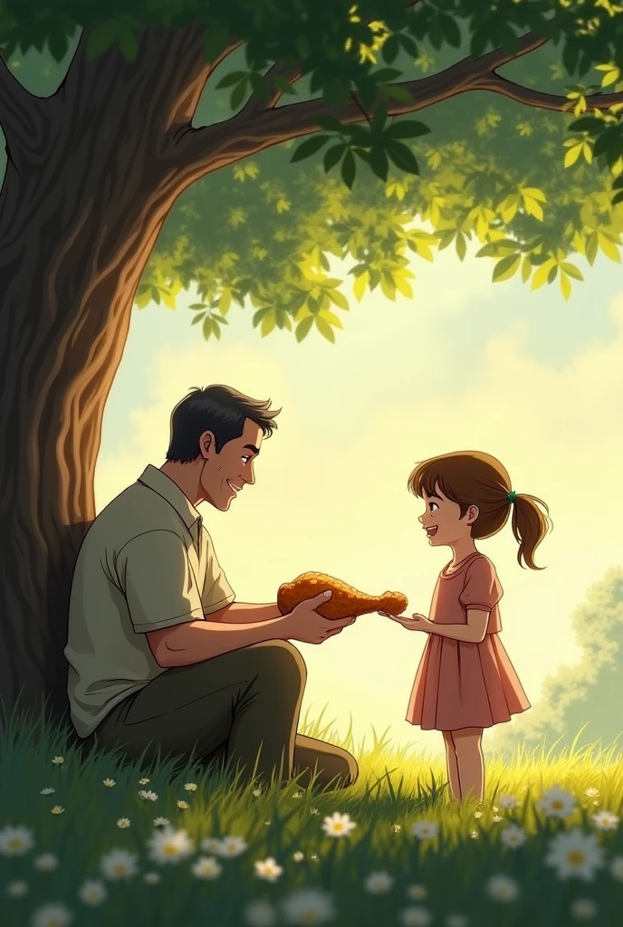 Depiction of a father sitting in the shade of a tree，A heartwarming scene of handing the chicken leg to the daughter。Use soft light to highlight this heartwarming moment，Showing emotional exchanges between characters。
