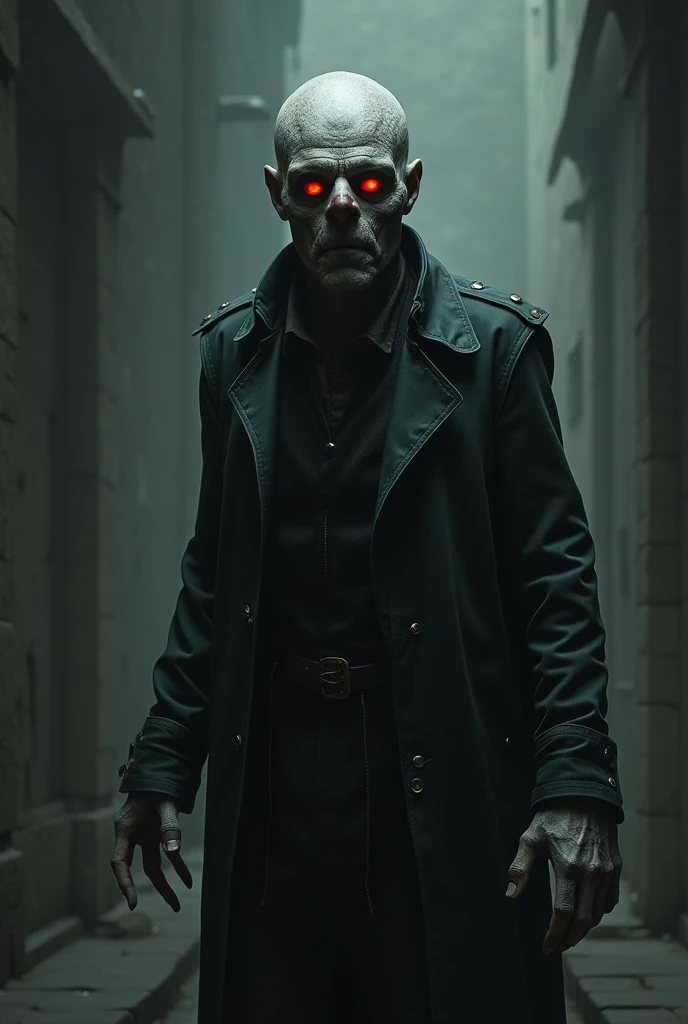 A gloomy, middle-aged man with red eyes, a skeletal build, grayish skin, and no nose.