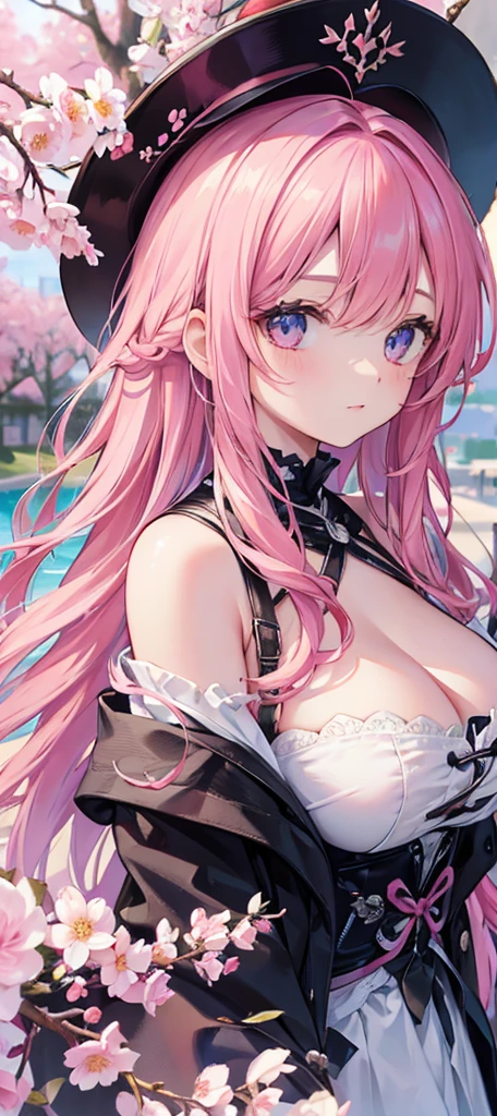 a beautiful detailed woman with long hair,Pink hair, dramatic colors,big breasts, (best quality,4k,8k,highres,masterpiece:1.2),ultra-detailed,HDR,UHD,ultra-fine painting,sharp focus,physically-based rendering,extreme detail description,Fantasy,out door,Cherry blossom ,