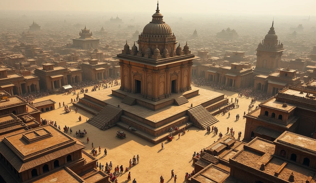 **Aerial view of the Somnath Temple in the 11th century, surrounded by bustling markets and traders.**