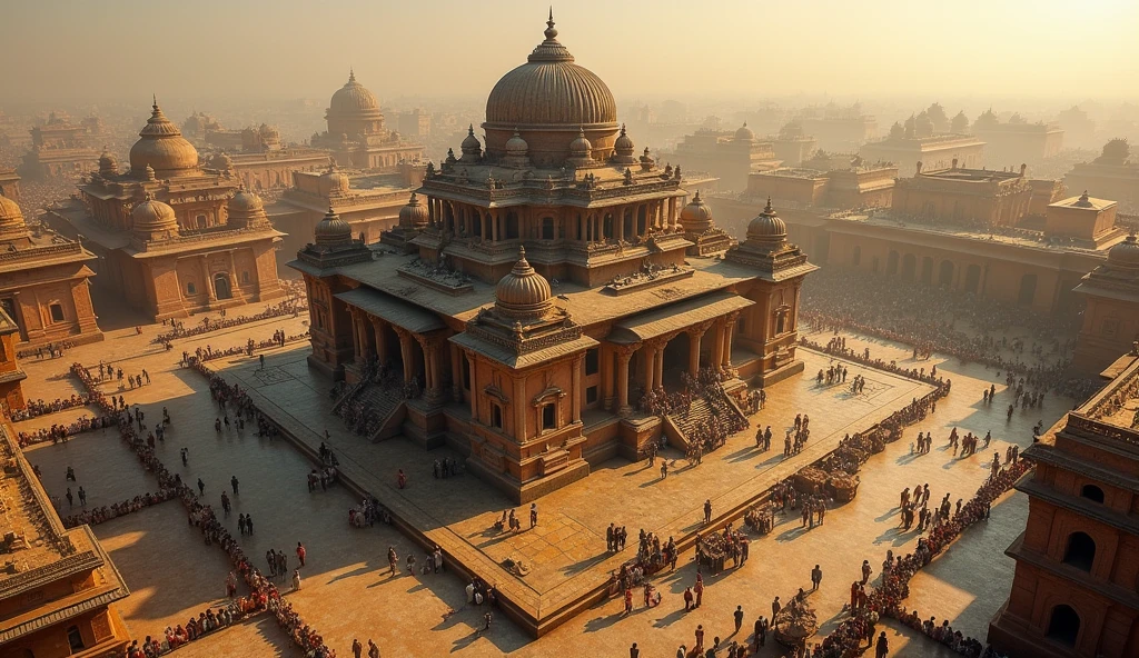 **Aerial view of the Somnath Temple in the 11th century, surrounded by bustling markets and traders.**