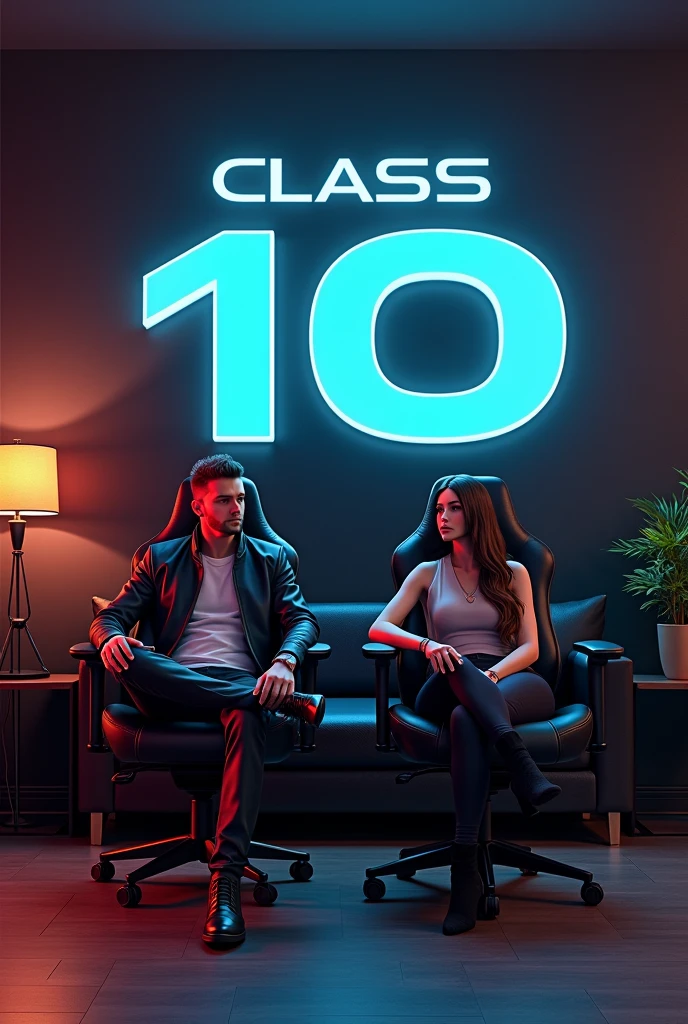 Creat a 3d logo of 10 class background sit a
Hot boy and sexy girl his chair  in his gaming room up side wall in background write "class 10"