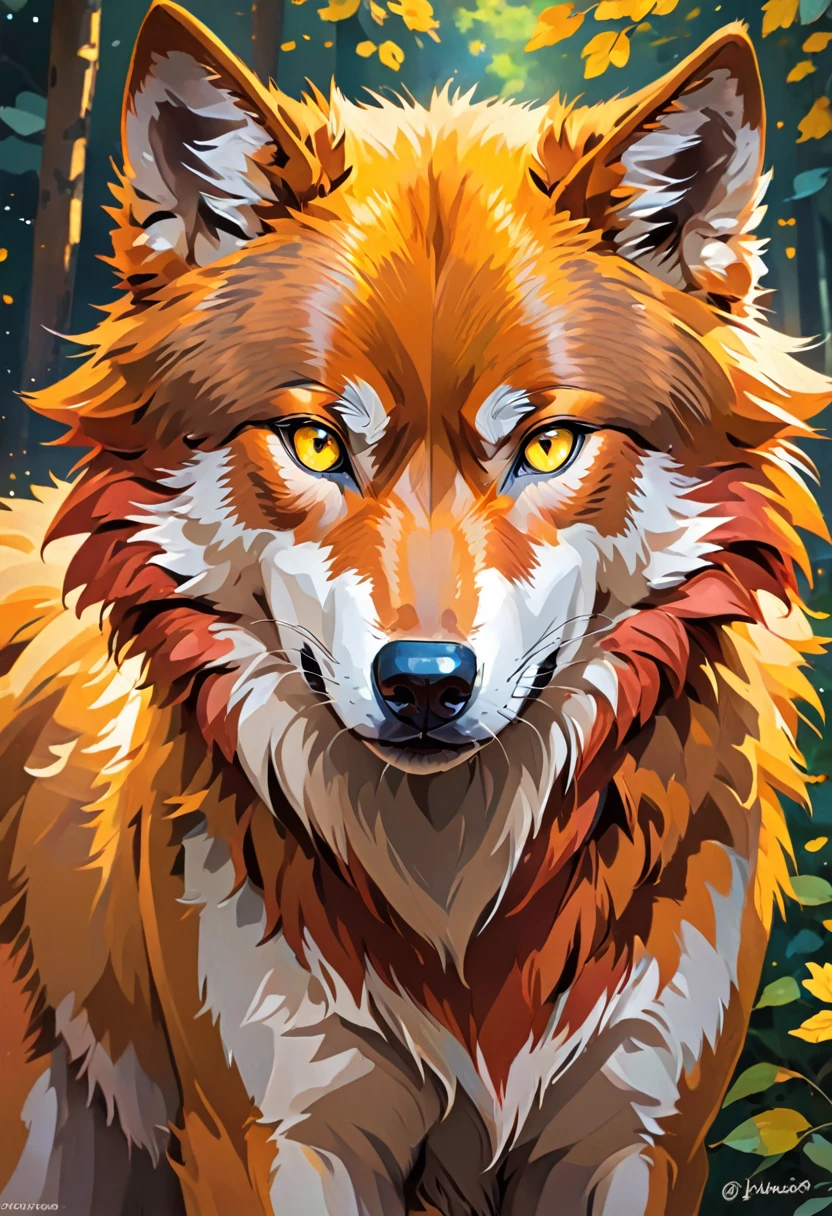 a wolf with reddish fur and yellow eyes 