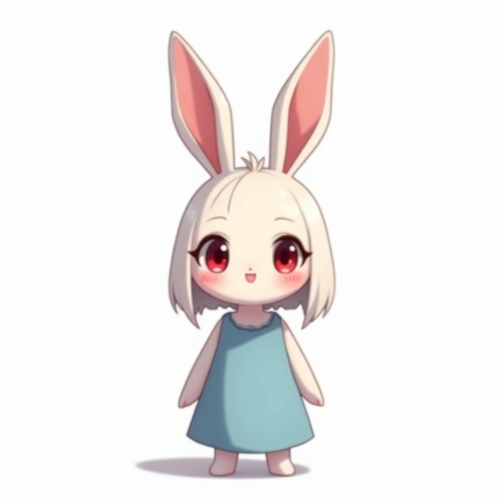 a anime style cute small white rabbit standing on two feet, (one heads high), red eyes, tall ears, bob hairstyle, large face, short stature, wearing a light blue dress, bust up angle, white background, (best quality,4k,8k,highres,masterpiece:1.2), intricate details,highly detailed,exquisite,stunningly beautiful,vibrant colors,soft lighting,fantasy,magical realism,