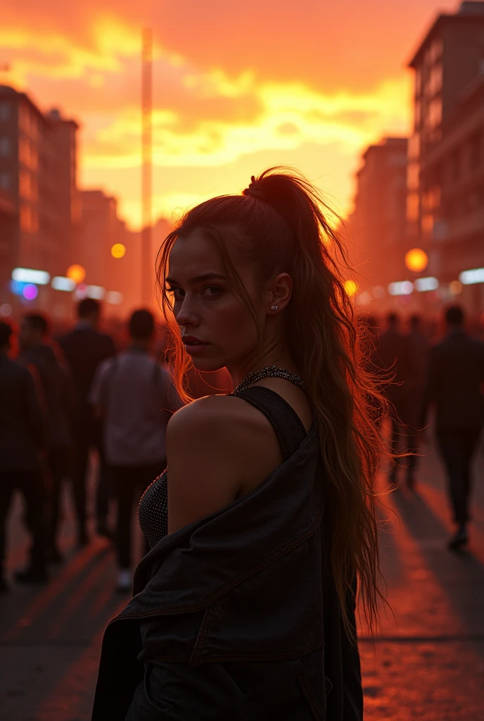 Intense sunset in the gritty streets of 90's Santiago, a photographer captures punk fashion embodied by a young woman, grunge escence, exudes confidence and a sad and depressed demeanor in front of a mass rocking a stunning rock concert. Long wavy ponytail hairstyle, rebellion of the era.