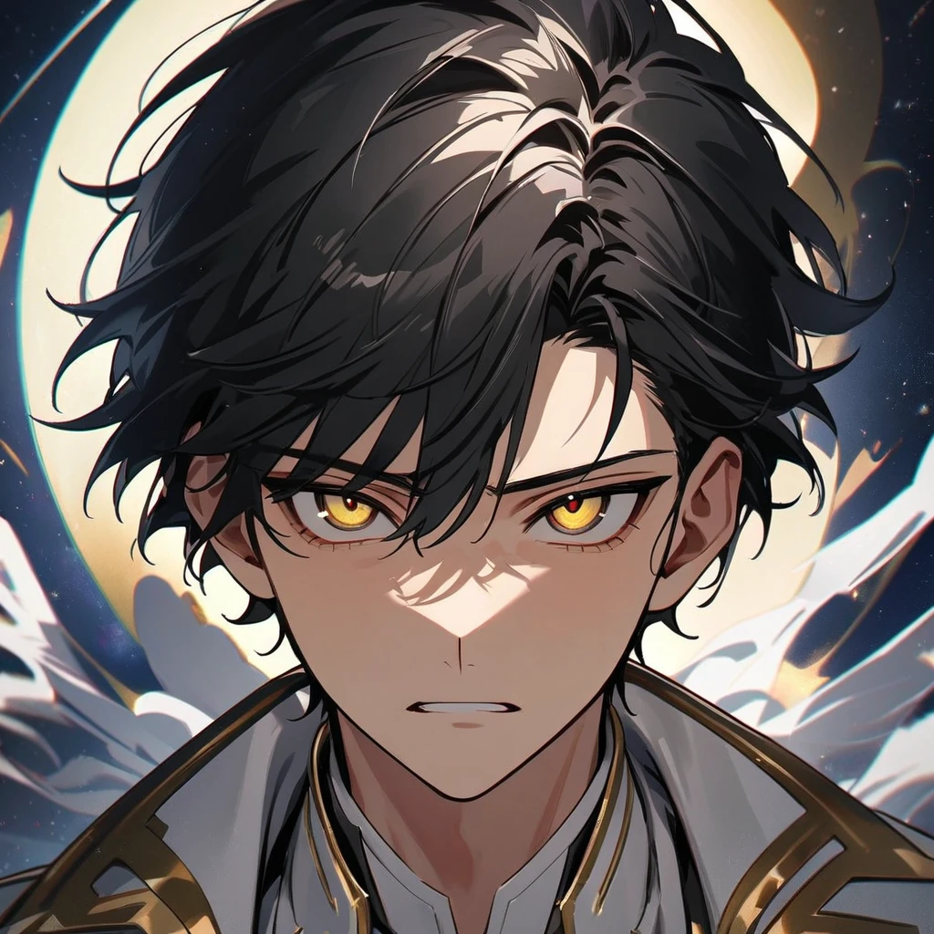 High quality, HD, 4k, no shadows, handsome male, handsome, 1male, , teenager, jet black hair, short black hair, dark hair, black hair, sharp eyes, deep gold colored eyes, dark golden colored eyes, deep gold eyes, gold eyes, devil may cry, close up, calm expression, stoic expression, black leather clothes, white leather clothing, lean body, well trained body, upper body, looking at viewer, cowboy shot, white solar, space background