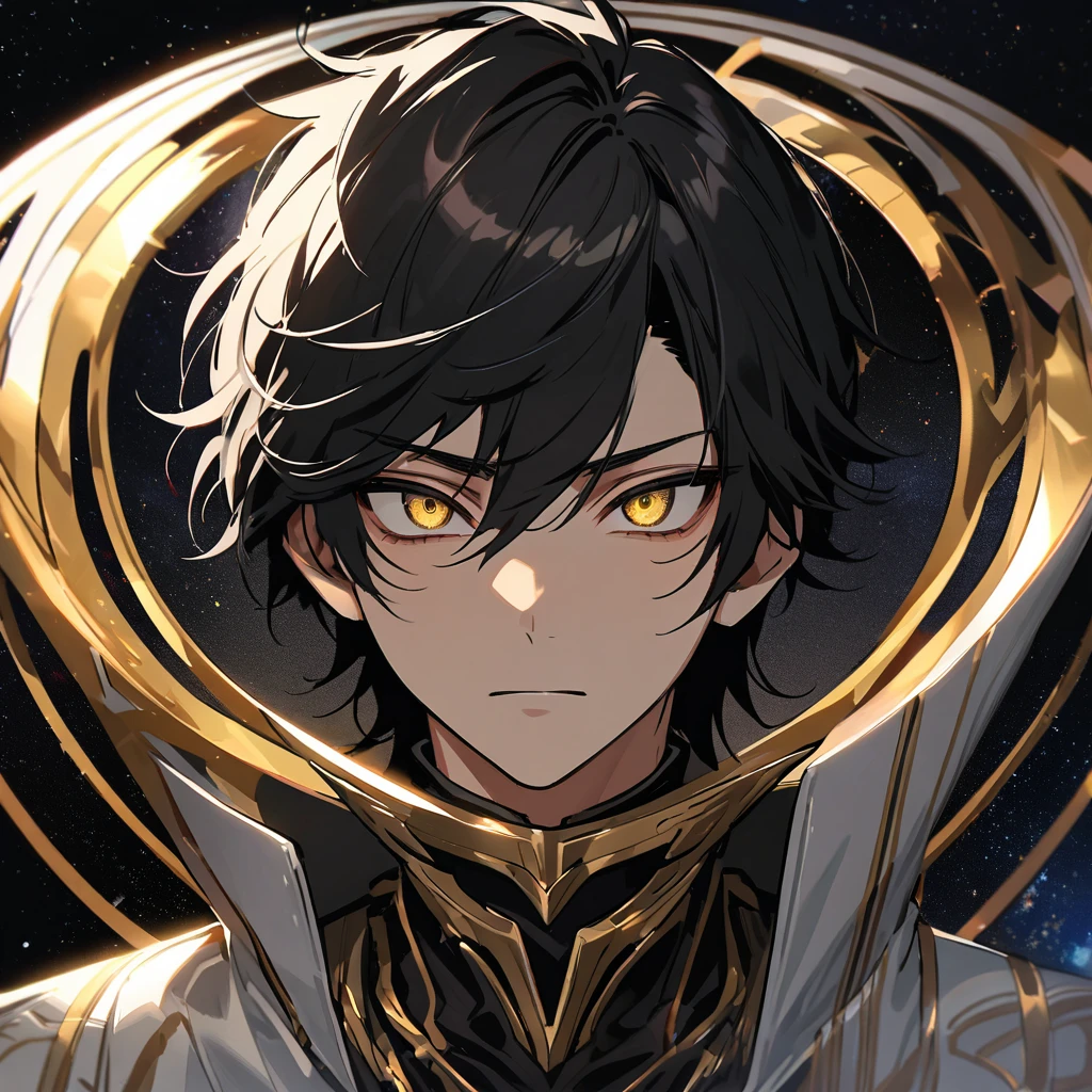 High quality, HD, 4k, no shadows, handsome male, handsome, 1male, 17 years old, teenager, jet black hair, short black hair, dark hair, black hair, sharp eyes, deep gold colored eyes, dark golden colored eyes, deep gold eyes, gold eyes, devil may cry, close up, calm expression, stoic expression, black leather clothes, white leather clothing, lean body, well trained body, upper body, looking at viewer, cowboy shot, white solar, space background