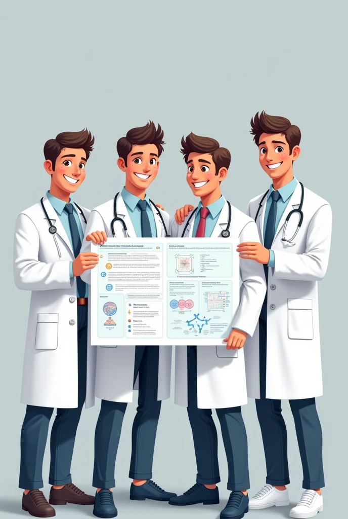 A group of four smiling male medical students, wearing white coats, on a neutral background. They are holding a poster related to the vaccine for Streptococcus pneumoniae.