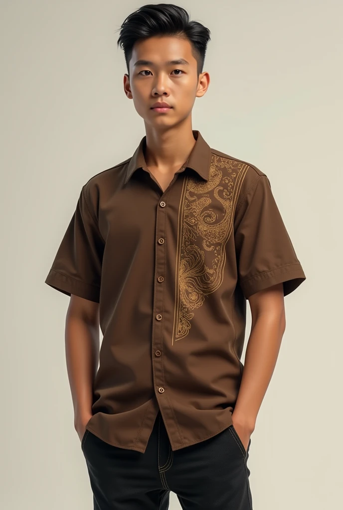 18 year old Indonesian male ,Thin and short body (short),wearing brown batik,hair style (short slicked back) ,and black jeans