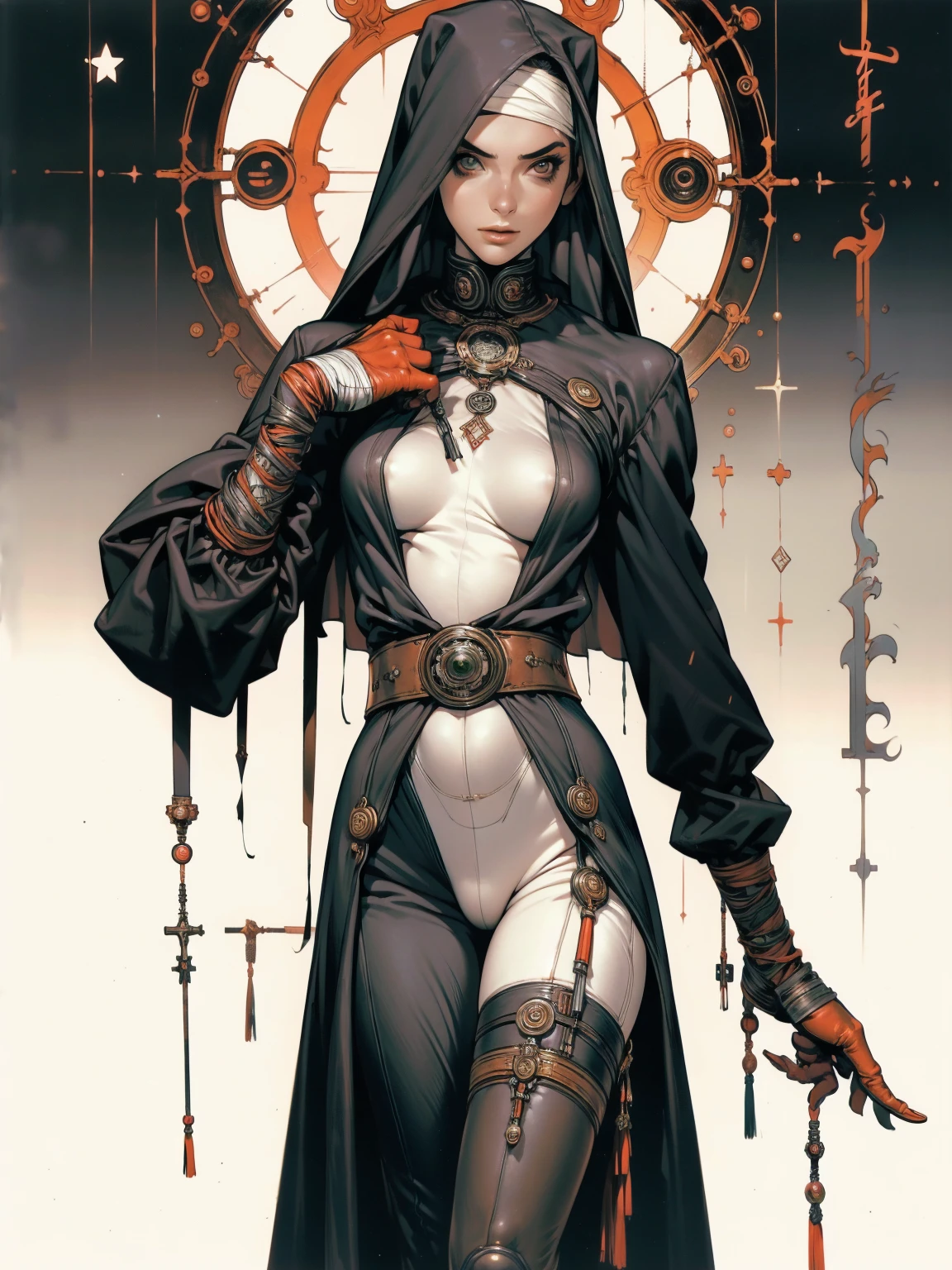 (((Annie Lennox))), ((( nun suit ))), (((Bandaged body))), ((high collar)), (((black with red details))), (((best qualityer: 1.4))), (Unbeatable masterpiece), (hiper HD),(CG 8k hyper-realistic), (((brave face))), (((breasts big))), (((hyper feminine))), sexly girl, Tron,(black bob hair)), ((( sculptural body ))), (((1 Kizi))), Kizi cibernética de 25 anos com perfectbody,,Beautiful and well-groomed face,muscular body:1.2,solid color detailed jacket, (Head to thigh photos), Complex equipment, green dark,Long pants,Tight clothes are dark,With white stars and off-white stripes,,,,,Armor Metal Electronic Parts, Poison tattoos ) INFO, Kizi, (((standing alone))), pirralha violent, ((())), sexly, pose de atitude, work of art, post-apocalypse, (((manga style))), bounty hunter, violent, Manic, the way you want, slenderbody, thin but strong, perfectbody, roupa moderna, advanced technology, neon, sleeves with vertical striped pattern, neutral background, (( cowboy shot )). intricate visual